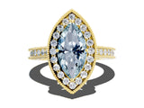 Yellow gold Marquise Cut Halo Diamond Engagement Ring with Milgrain Pave Band and Four-Prong Setting