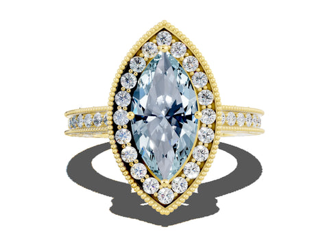 Yellow gold Marquise Cut Halo Diamond Engagement Ring with Milgrain Pave Band and Four-Prong Setting
