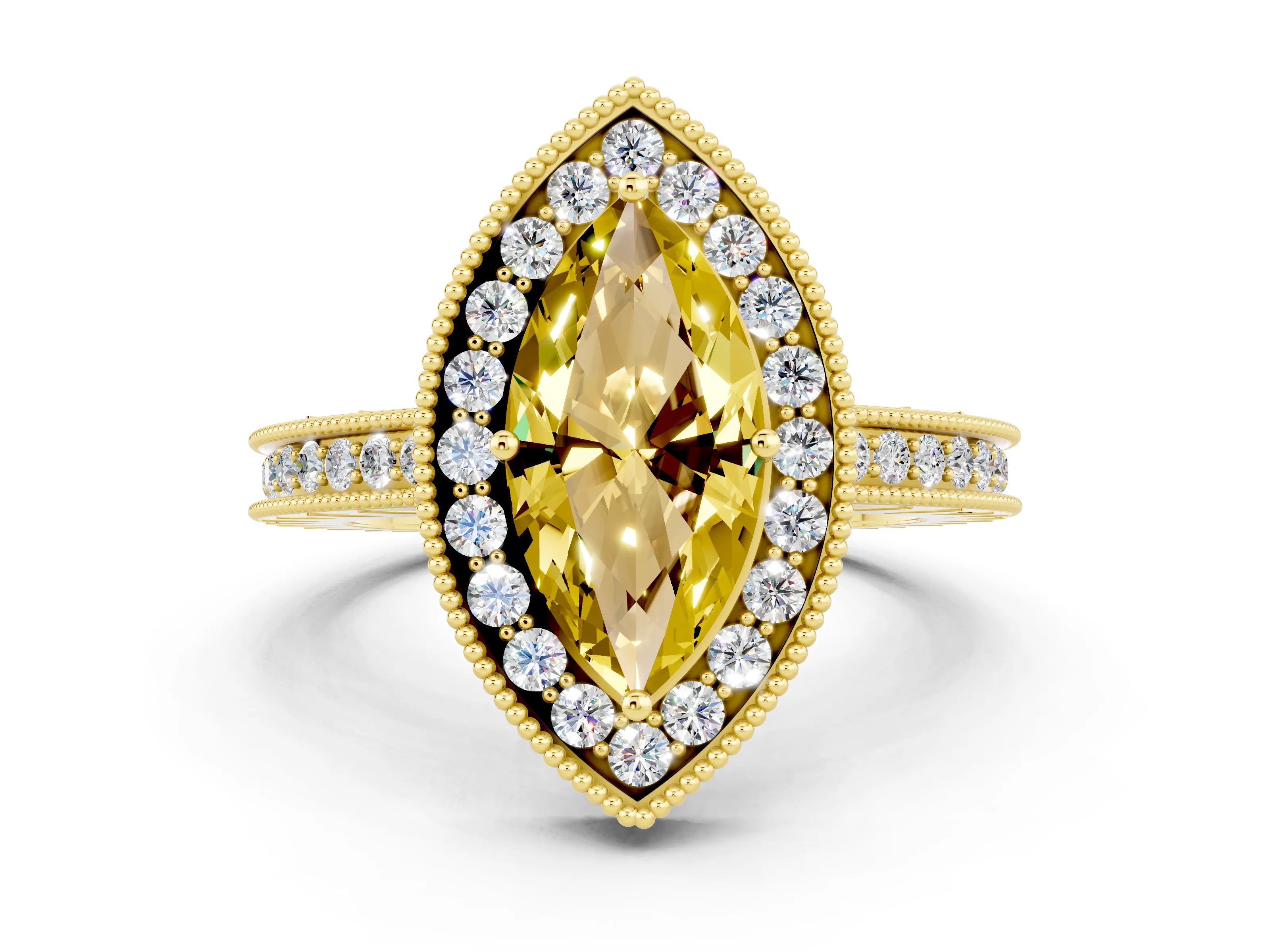 Yellow gold Marquise Cut Halo Diamond Engagement Ring with Milgrain Pave Band and Four-Prong Setting
