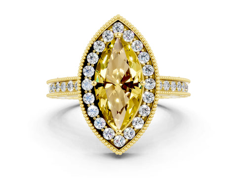 Yellow gold Marquise Cut Halo Diamond Engagement Ring with Milgrain Pave Band and Four-Prong Setting