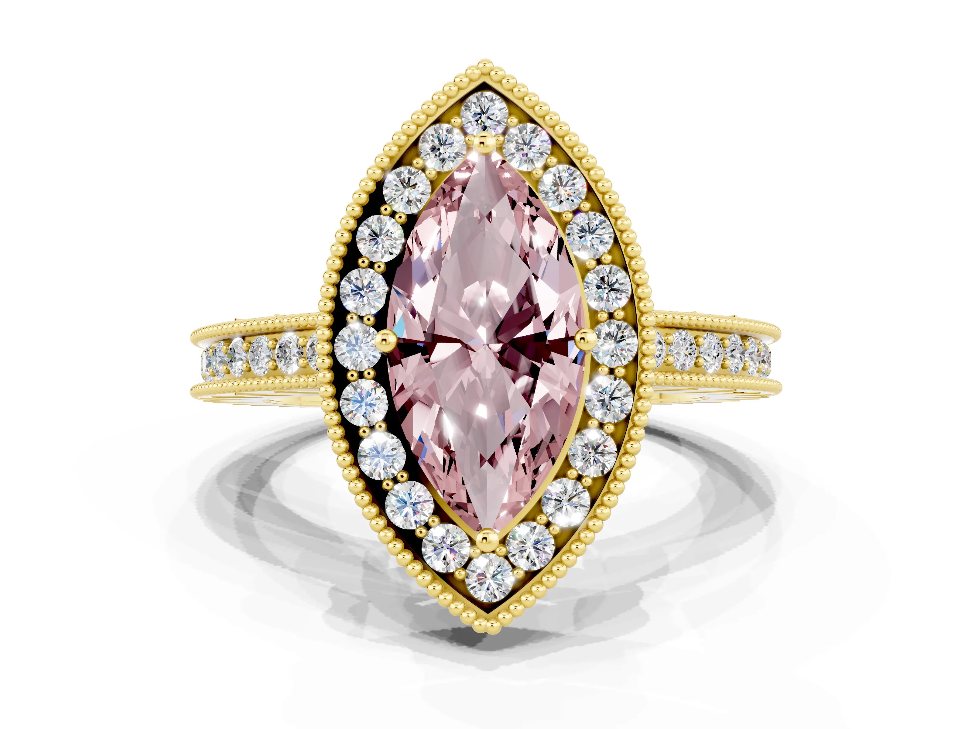 Yellow gold Marquise Cut Halo Diamond Engagement Ring with Milgrain Pave Band and Four-Prong Setting