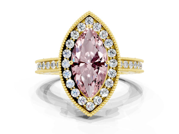 Yellow gold Marquise Cut Halo Diamond Engagement Ring with Milgrain Pave Band and Four-Prong Setting