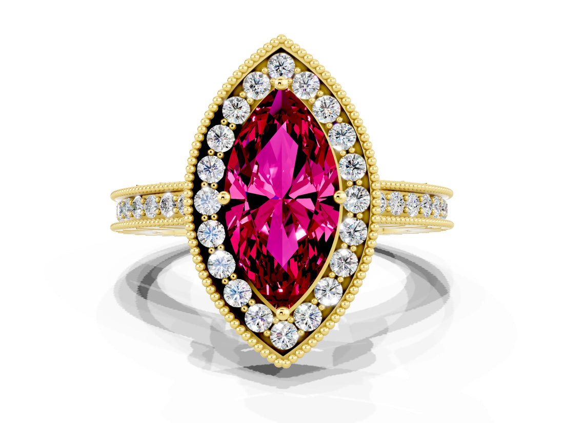 Yellow gold Marquise Cut Halo Diamond Engagement Ring with Milgrain Pave Band and Four-Prong Setting