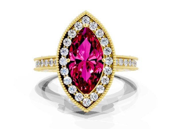 Yellow gold Marquise Cut Halo Diamond Engagement Ring with Milgrain Pave Band and Four-Prong Setting