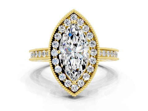 Yellow gold Marquise Cut Halo Diamond Engagement Ring with Milgrain Pave Band and Four-Prong Setting