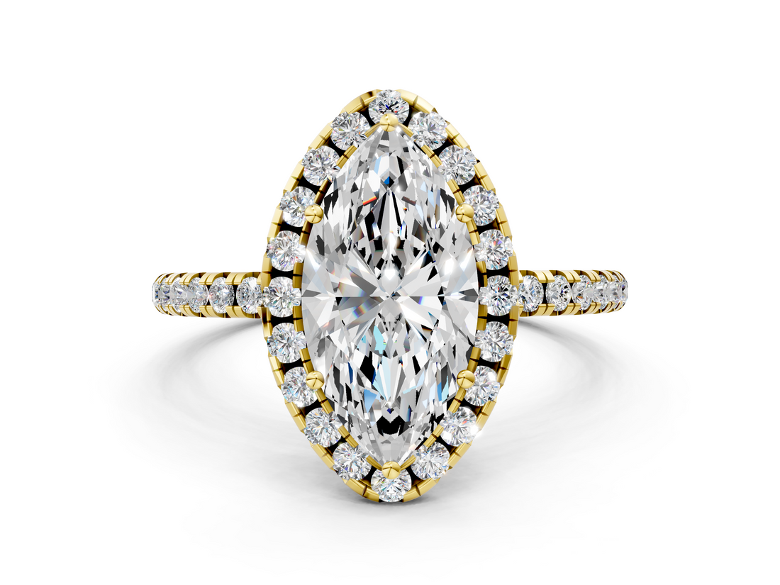 Yellow gold Marquise Cut Halo Diamond Engagement Ring with Pave Band and Four-Prong Setting_20