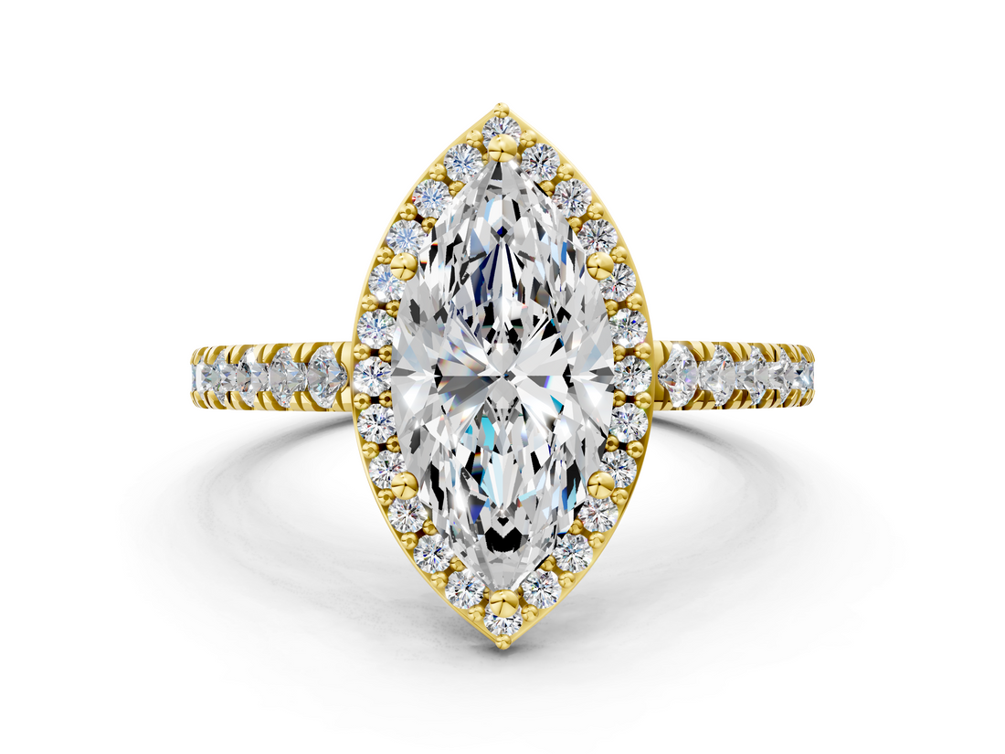 Yellow gold Marquise Cut Halo Diamond Engagement Ring with Pave Band and Four-Prong Setting_40