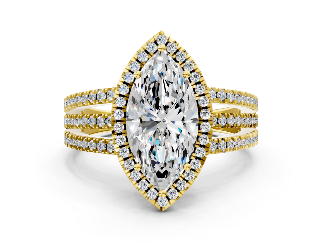 Yellow gold Marquise Cut Halo Diamond Engagement Ring with Split Shank and Four-Prong Setting_20