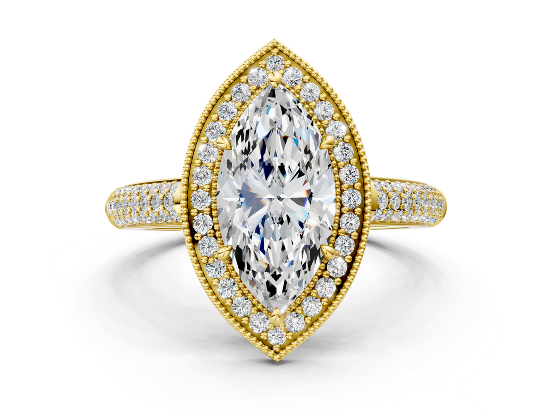 Yellow gold Marquise Cut Halo Diamond Pave Band with Four-Prong Setting_42