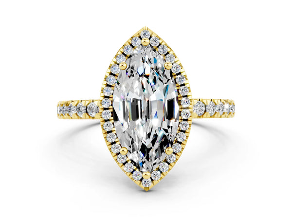Yellow gold Marquise Cut Moissanite Classic Halo Engagement Ring with Round Pavé Band and Prong Setting
