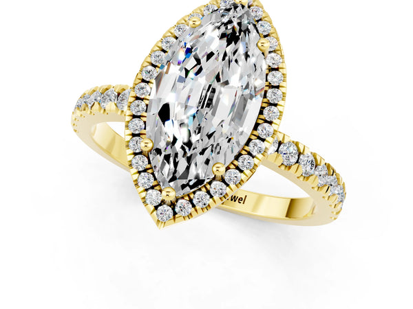 Yellow gold Marquise Cut Moissanite Classic Halo Engagement Ring with Round Pavé Band and Prong Setting