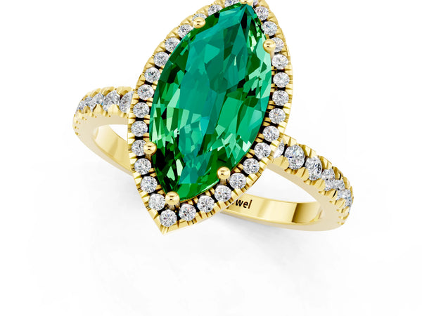 Yellow gold Marquise Cut Emerald Classic Halo Engagement Ring with Round Pavé Band and Prong Setting