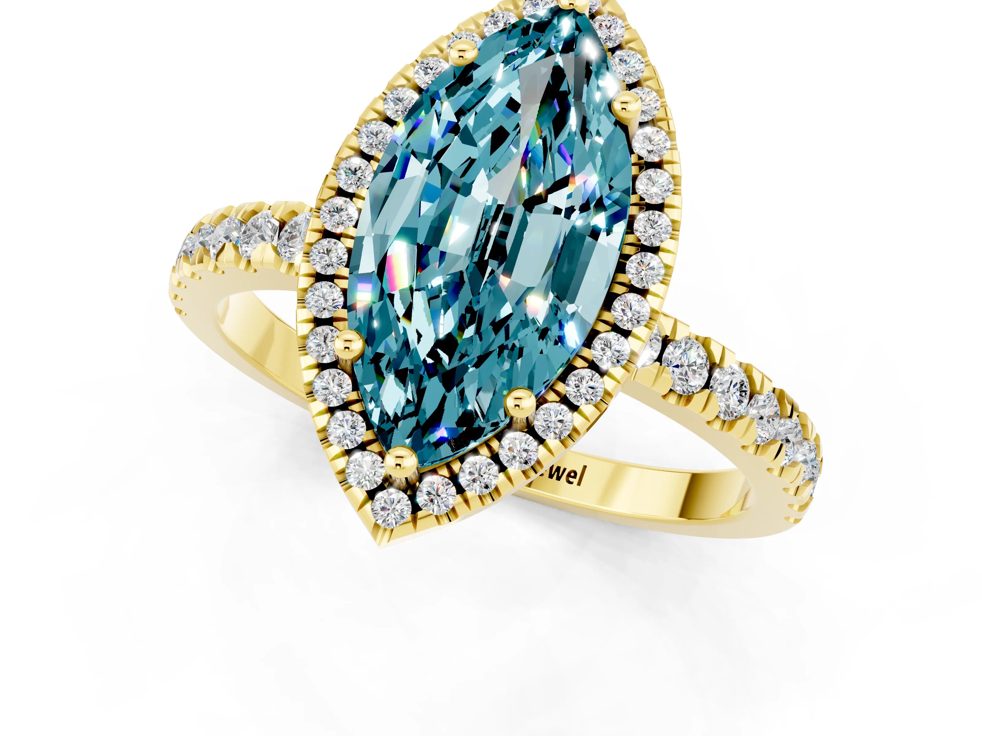 Yellow gold Marquise Cut Halo Diamond Pave Band with Prong Setting_1
