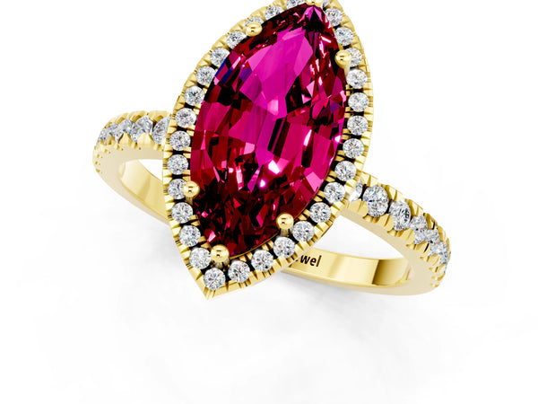 Yellow gold Marquise Cut Garnet Classic Halo Engagement Ring with Round Pavé Band and Prong Setting