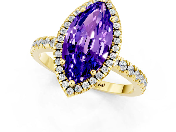 Yellow gold Marquise Cut Tanzanite Classic Halo Engagement Ring with Round Pavé Band and Prong Setting