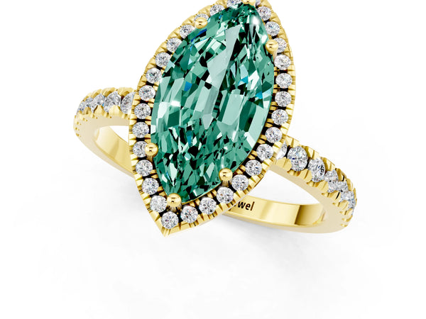 Yellow gold Marquise Cut Green Sapphire Classic Halo Engagement Ring with Round Pavé Band and Prong Setting