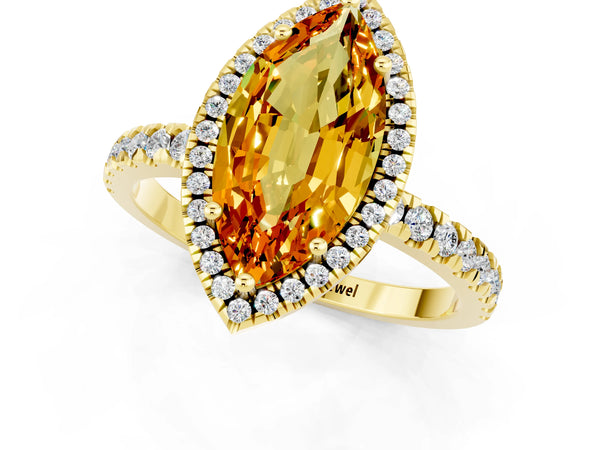 Yellow gold Marquise Cut Citrine Classic Halo Engagement Ring with Round Pavé Band and Prong Setting