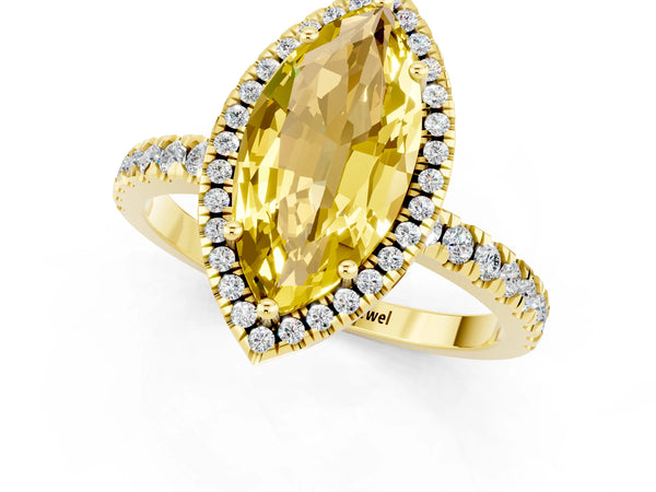 Yellow gold Marquise Cut Yellow Sapphire Classic Halo Engagement Ring with Round Pavé Band and Prong Setting