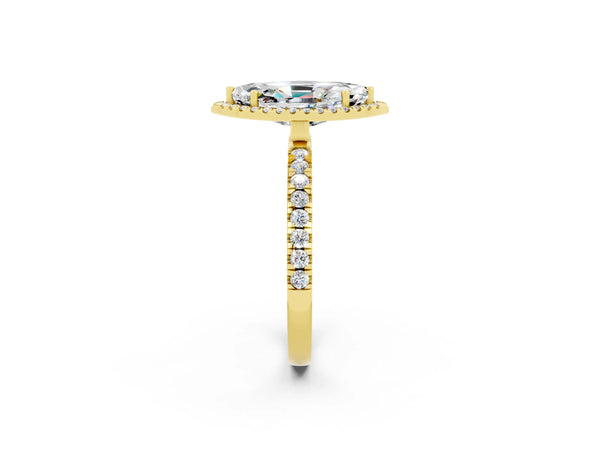 Yellow gold Marquise Cut Moissanite Classic Halo Engagement Ring with Round Pavé Band and Prong Setting