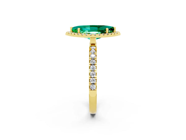 Yellow gold Marquise Cut Emerald Classic Halo Engagement Ring with Round Pavé Band and Prong Setting