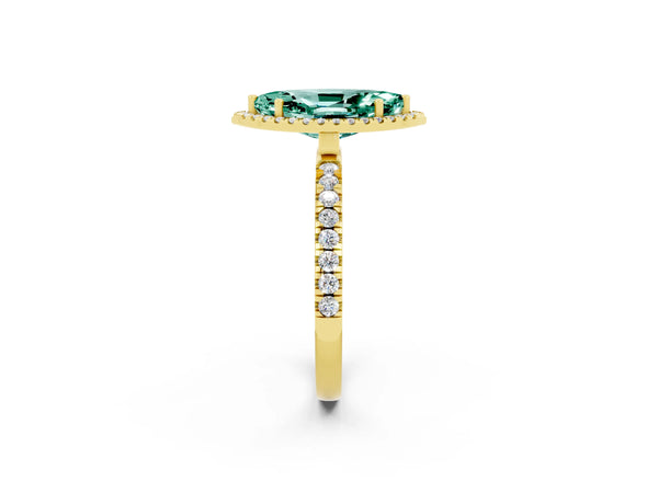 Yellow gold Marquise Cut Green Sapphire Classic Halo Engagement Ring with Round Pavé Band and Prong Setting