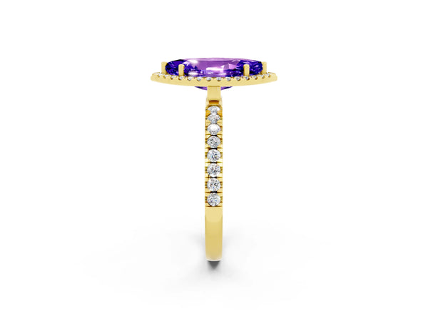 Yellow gold Marquise Cut Tanzanite Classic Halo Engagement Ring with Round Pavé Band and Prong Setting