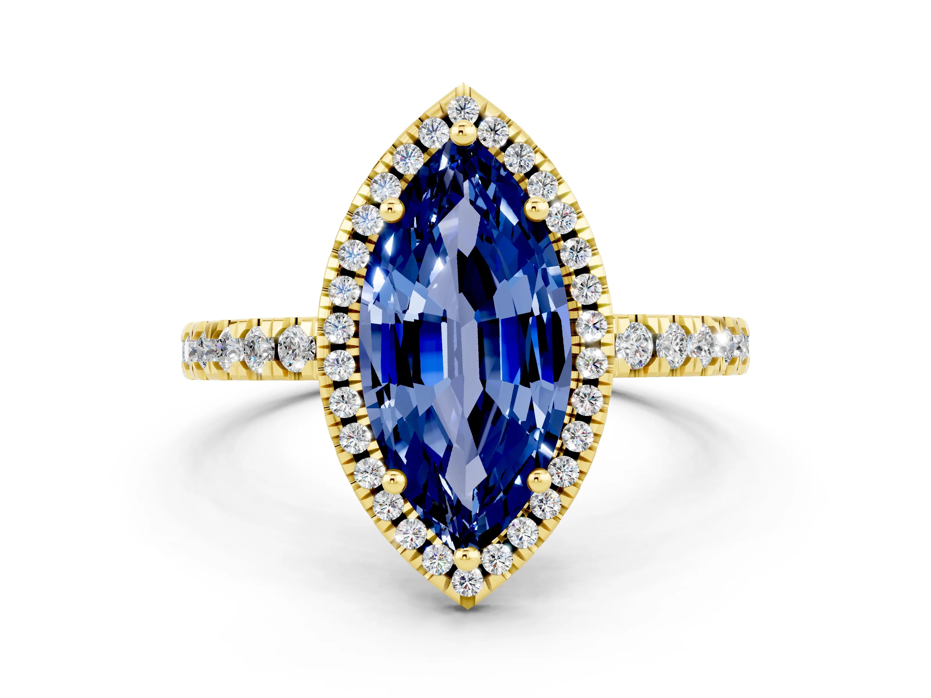 Yellow gold Marquise Cut Halo Diamond Pave Band with Prong Setting