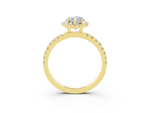 Yellow gold Marquise Cut Moissanite Classic Halo Engagement Ring with Round Pavé Band and Prong Setting