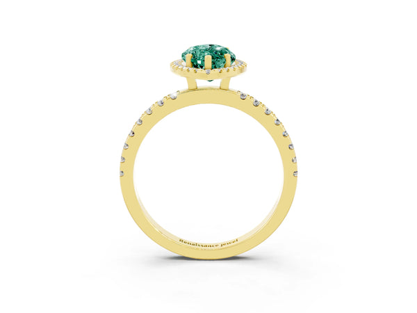 Yellow gold Marquise Cut Green Sapphire Classic Halo Engagement Ring with Round Pavé Band and Prong Setting
