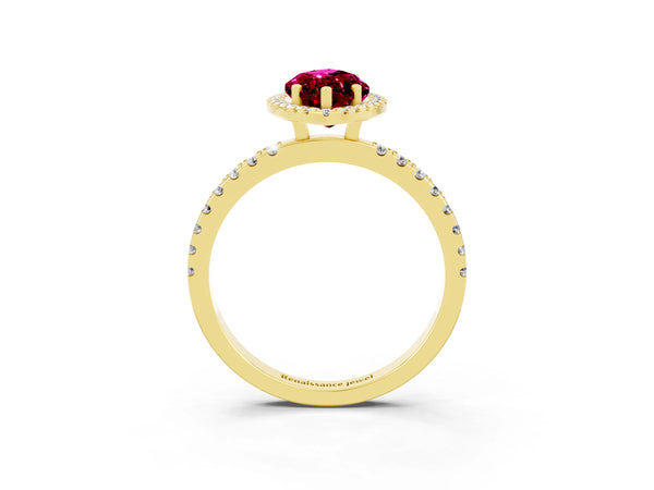 Yellow gold Marquise Cut Garnet Classic Halo Engagement Ring with Round Pavé Band and Prong Setting