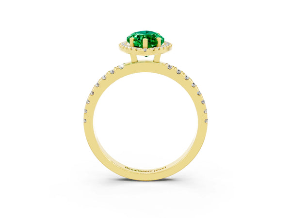 Yellow gold Marquise Cut Emerald Classic Halo Engagement Ring with Round Pavé Band and Prong Setting