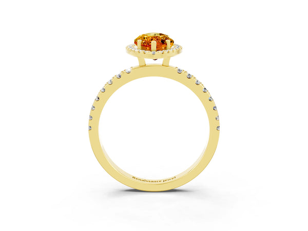 Yellow gold Marquise Cut Citrine Classic Halo Engagement Ring with Round Pavé Band and Prong Setting