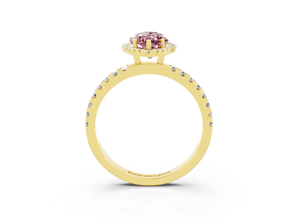 Yellow gold Marquise Cut Halo Diamond Pave Band with Prong Setting