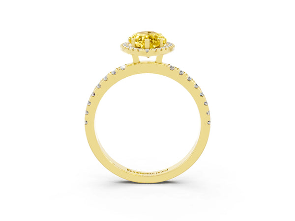 Yellow gold Marquise Cut Yellow Sapphire Classic Halo Engagement Ring with Round Pavé Band and Prong Setting