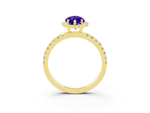Yellow gold Marquise Cut Tanzanite Classic Halo Engagement Ring with Round Pavé Band and Prong Setting