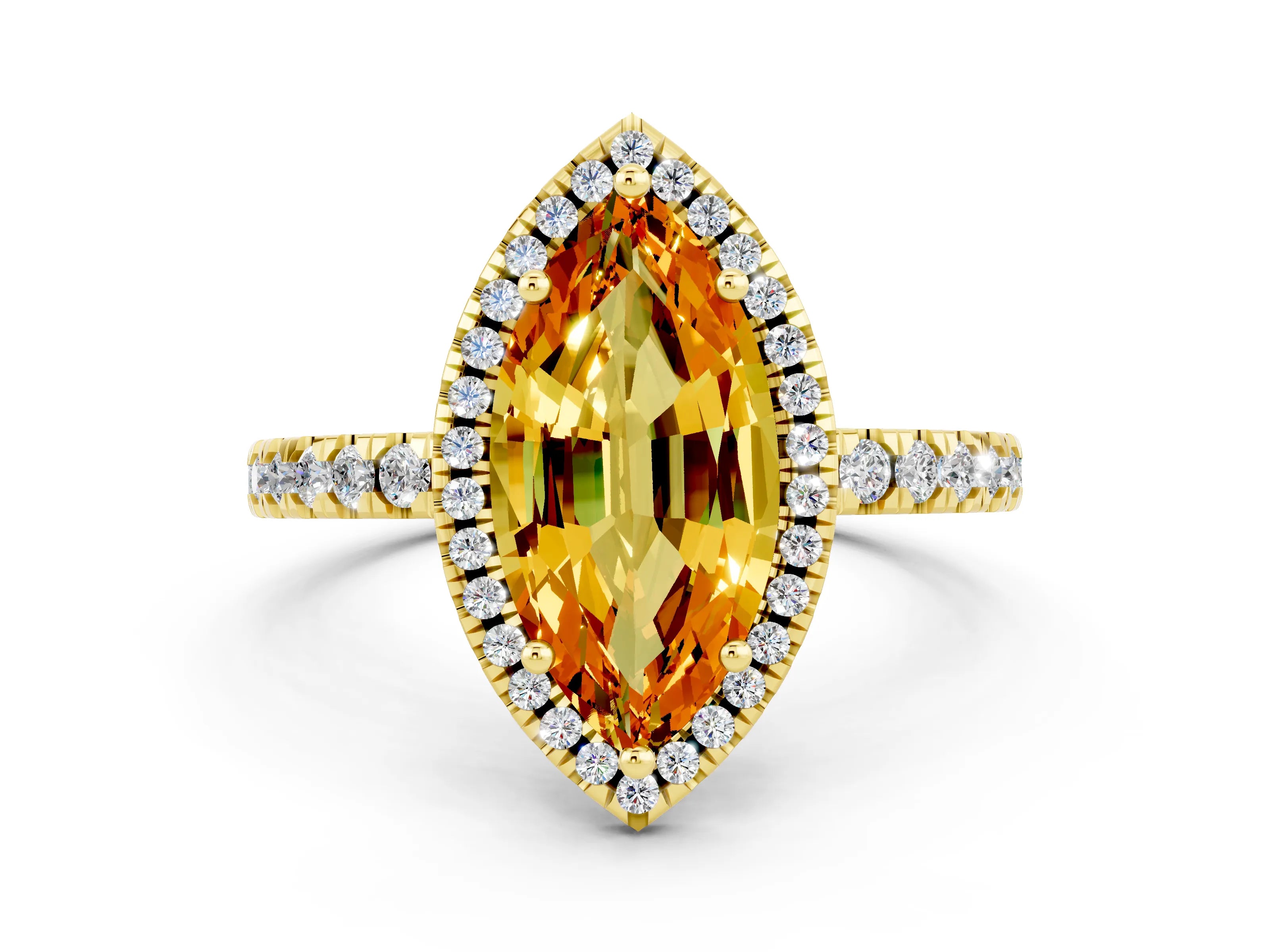 Yellow gold Marquise Cut Halo Diamond Pave Band with Prong Setting