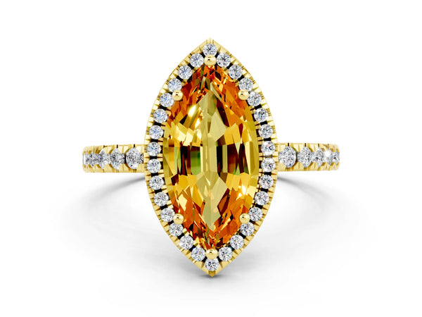 Yellow gold Marquise Cut Citrine Classic Halo Engagement Ring with Round Pavé Band and Prong Setting