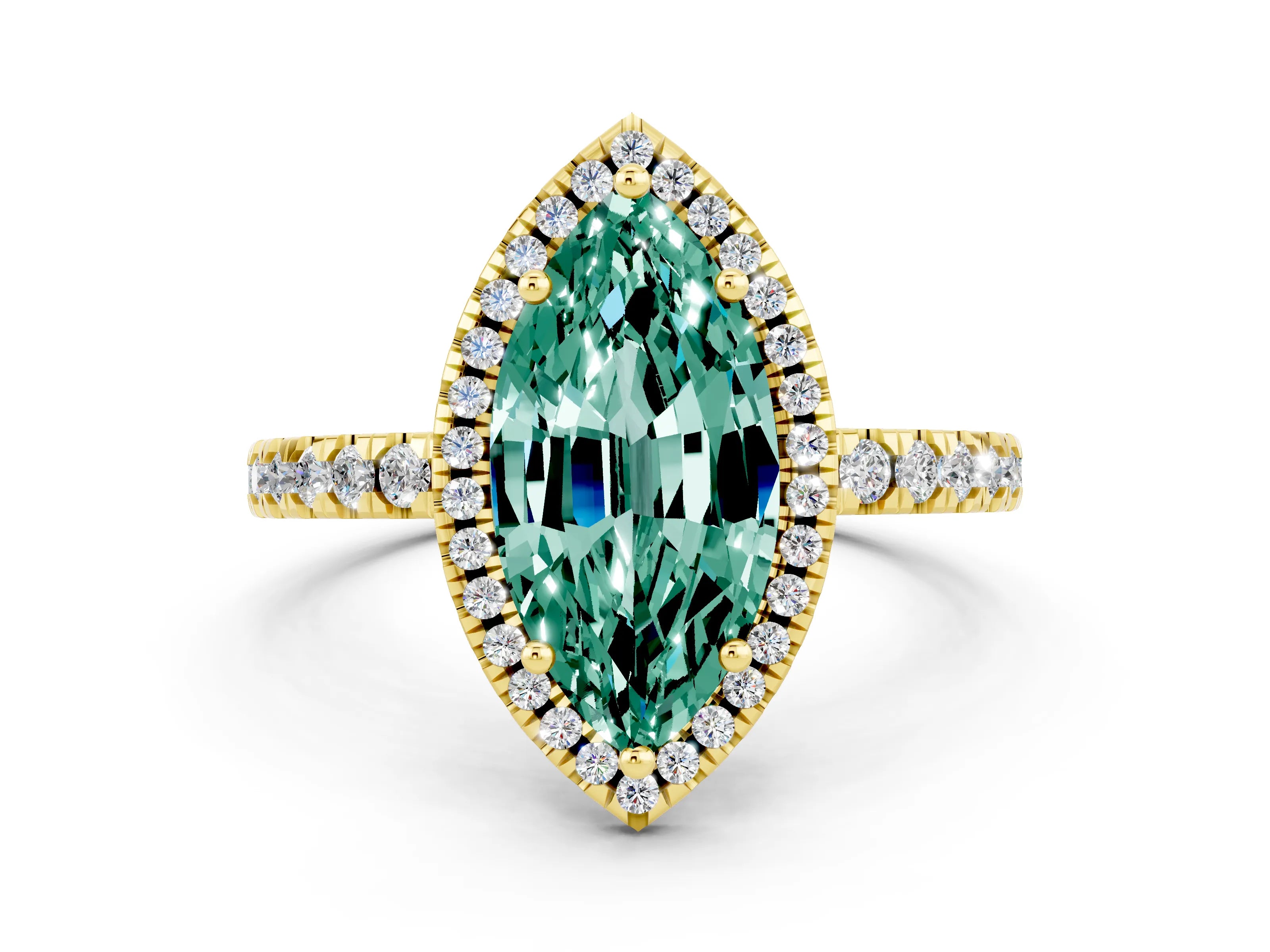 Yellow gold Marquise Cut Halo Diamond Pave Band with Prong Setting