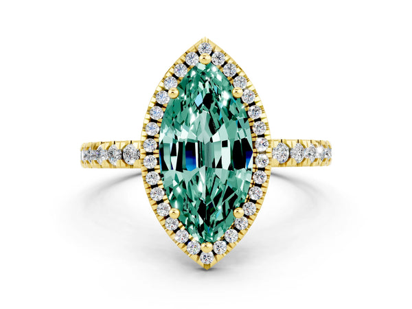 Yellow gold Marquise Cut Green Sapphire Classic Halo Engagement Ring with Round Pavé Band and Prong Setting