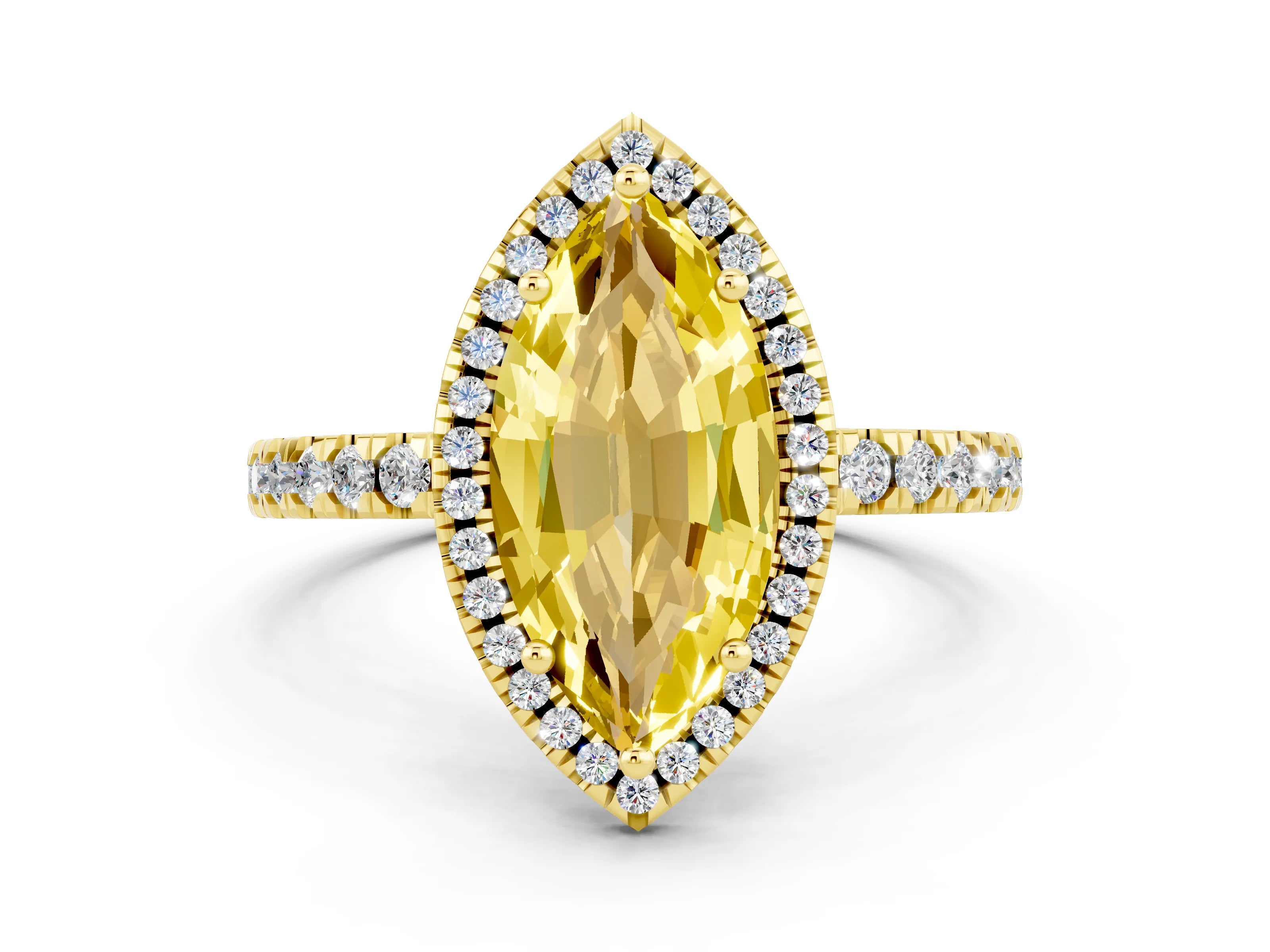 Yellow gold Marquise Cut Halo Diamond Pave Band with Prong Setting