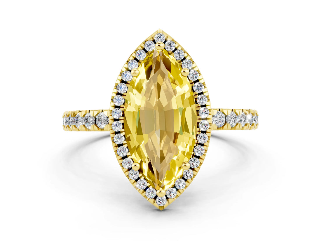 Yellow gold Marquise Cut Halo Diamond Pave Band with Prong Setting