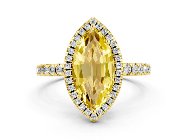 Yellow gold Marquise Cut Yellow Sapphire Classic Halo Engagement Ring with Round Pavé Band and Prong Setting