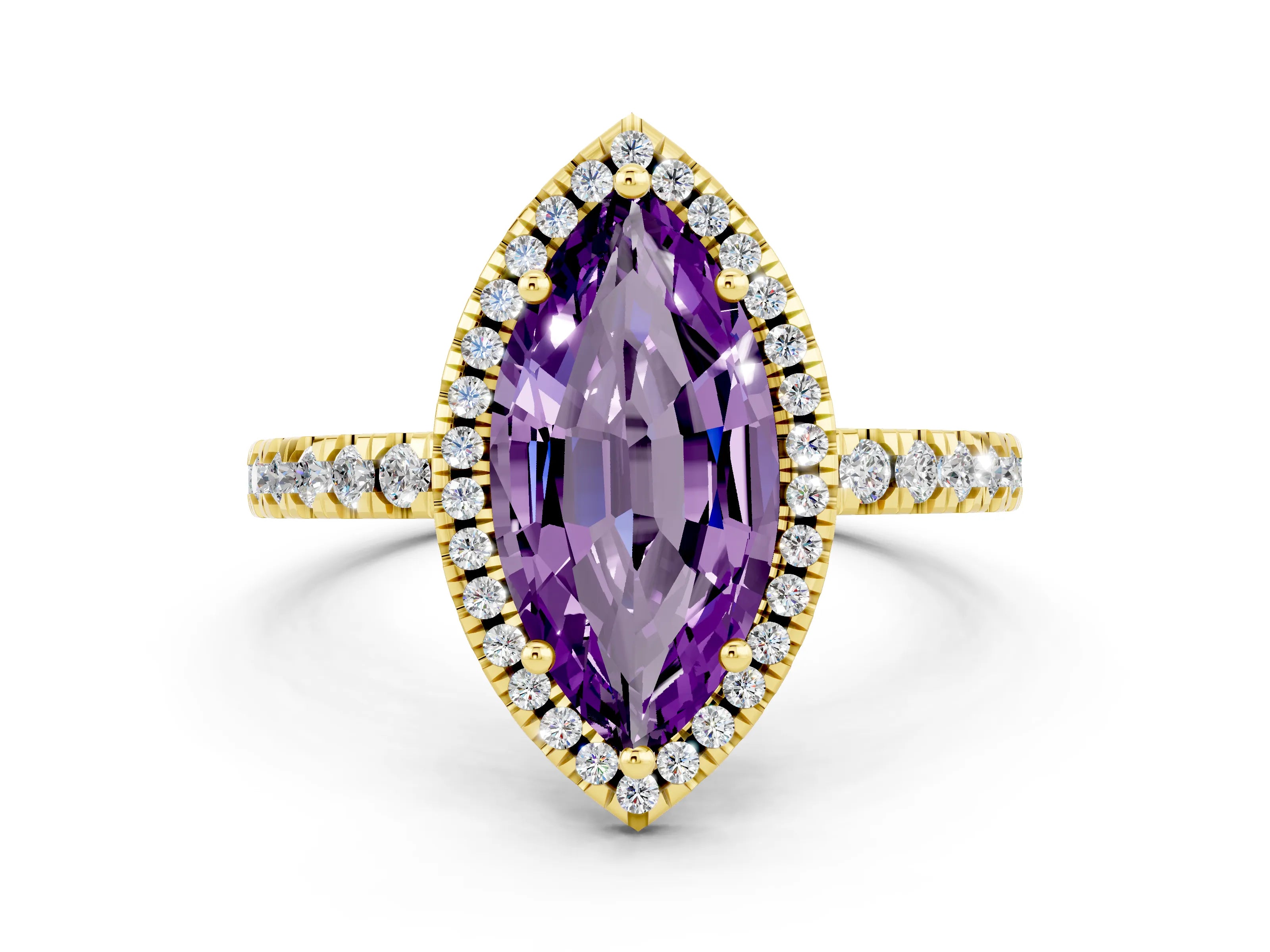 Yellow gold Marquise Cut Halo Diamond Pave Band with Prong Setting