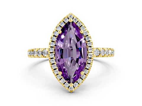 Yellow gold Marquise Cut Halo Diamond Pave Band with Prong Setting