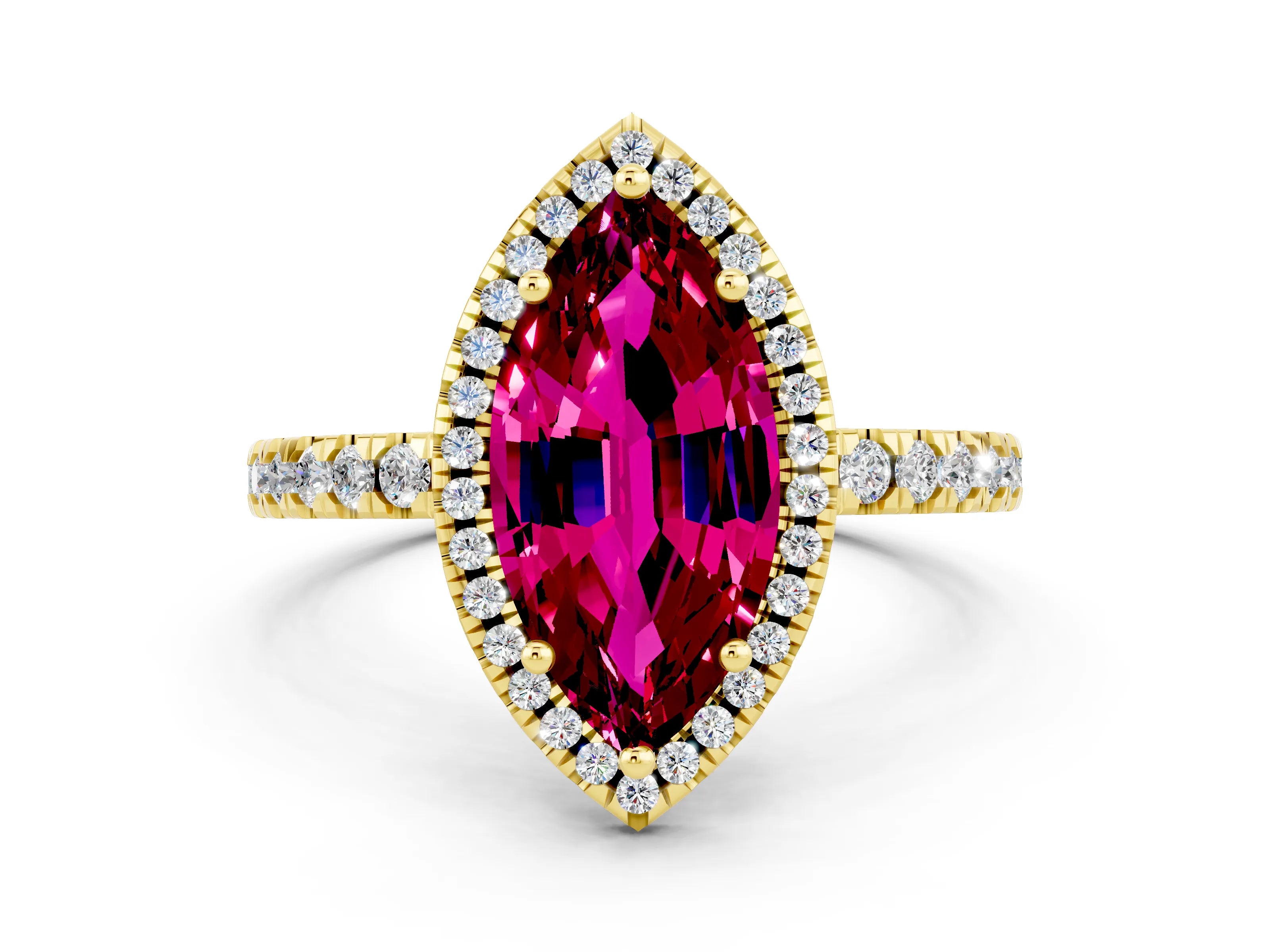 Yellow gold Marquise Cut Halo Diamond Pave Band with Prong Setting