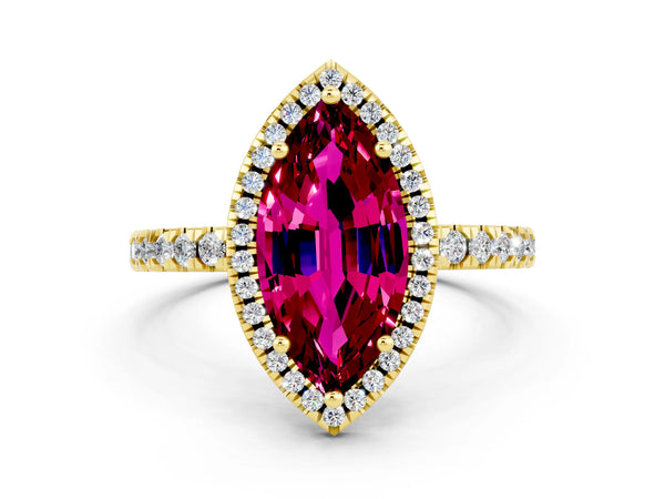 Yellow gold Marquise Cut Garnet Classic Halo Engagement Ring with Round Pavé Band and Prong Setting