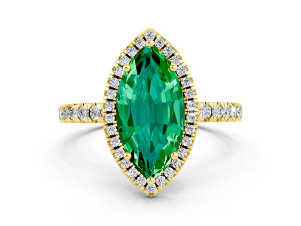 Yellow gold Marquise Cut Emerald Classic Halo Engagement Ring with Round Pavé Band and Prong Setting