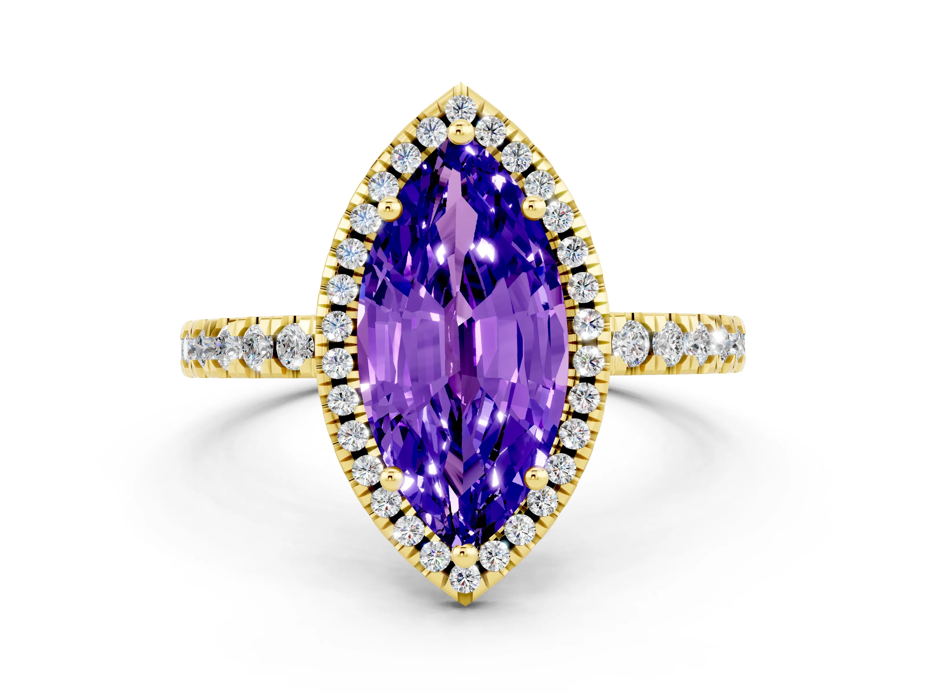 Yellow gold Marquise Cut Halo Diamond Pave Band with Prong Setting