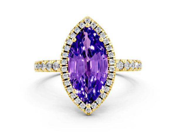 Yellow gold Marquise Cut Tanzanite Classic Halo Engagement Ring with Round Pavé Band and Prong Setting