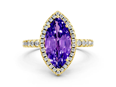 Yellow gold Marquise Cut Halo Diamond Pave Band with Prong Setting